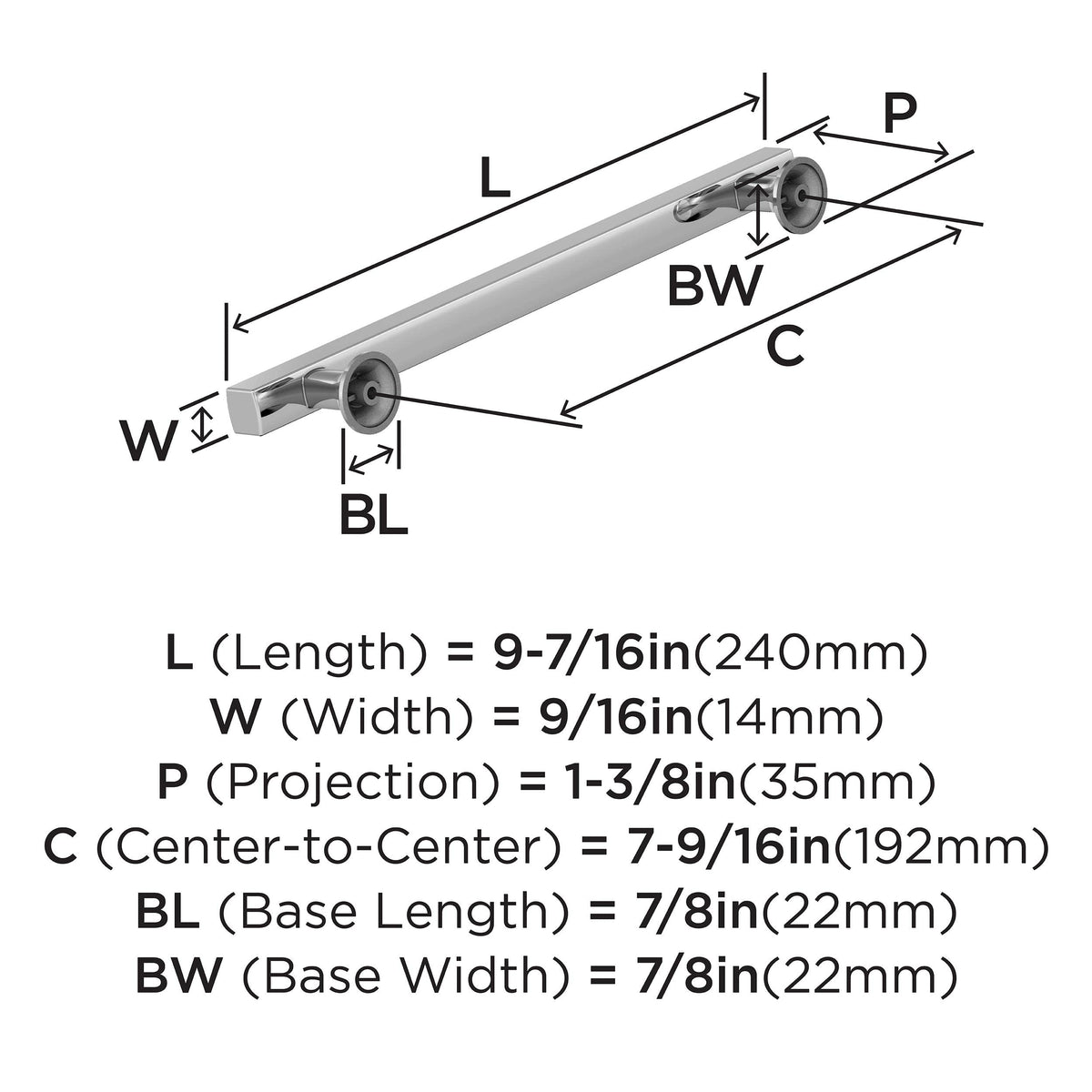 Amerock Corp BP3710726 Everett Pull, 7-9/16 in (192 mm) Center-to-Center, Polished Chrome