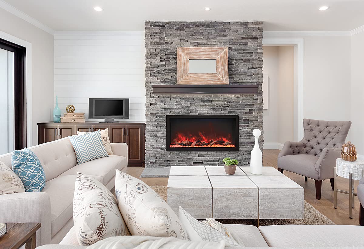 Amantii WM-FM-48-5823-BG Wall Mount/ Flush Mount Smart Electric  48" Indoor / Outdoor WiFi Enabled Fireplace , Featuring a MultiFunction Remote Control , Multi Speed Flame Motor