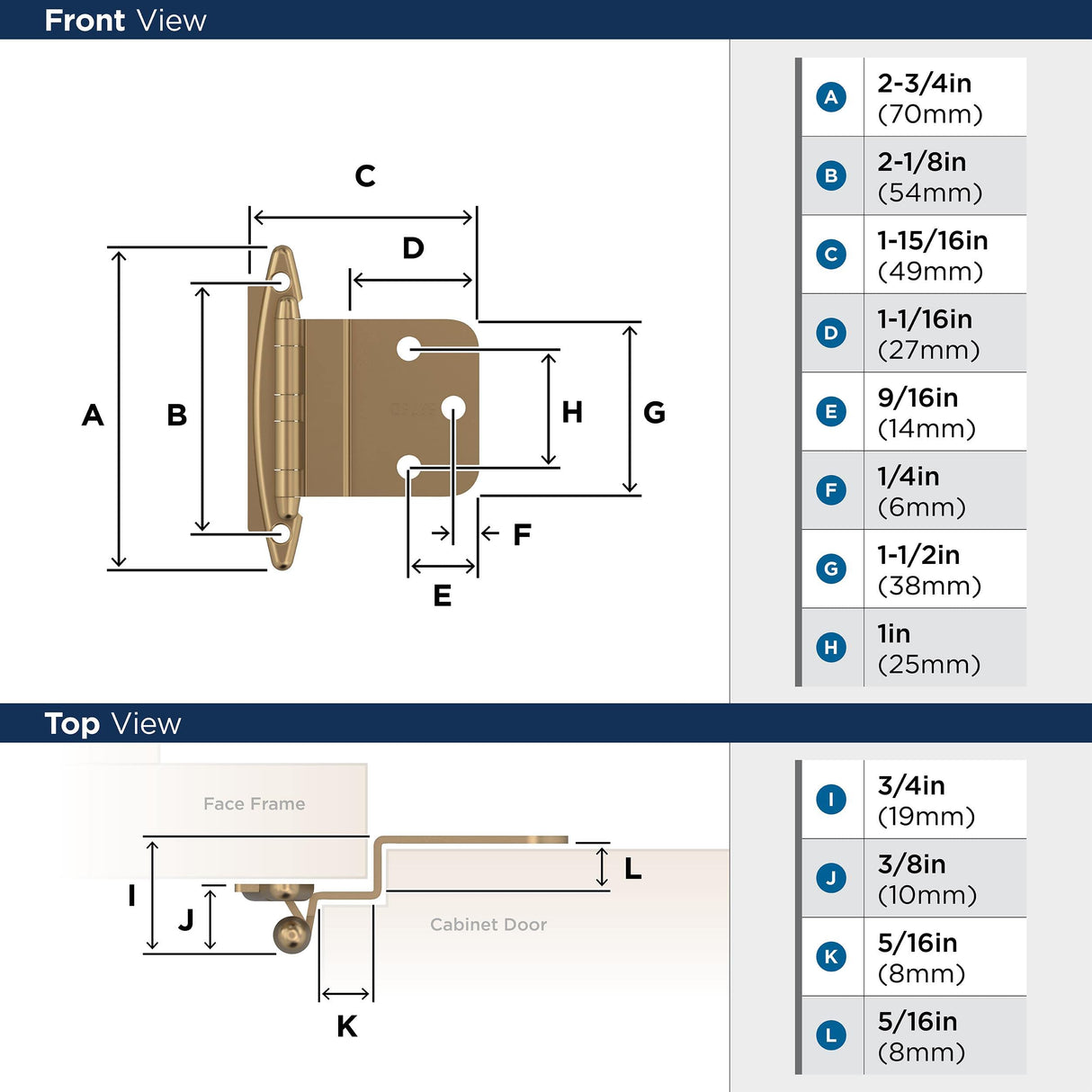 Amerock BPR3417CZ Cabinet Hinge 3/8 in (10 mm) Inset Non-Self Closing Face Mount Champagne Bronze Kitchen Cabinet Door Hinge 1 Pair/2 Pack Functional Hardware