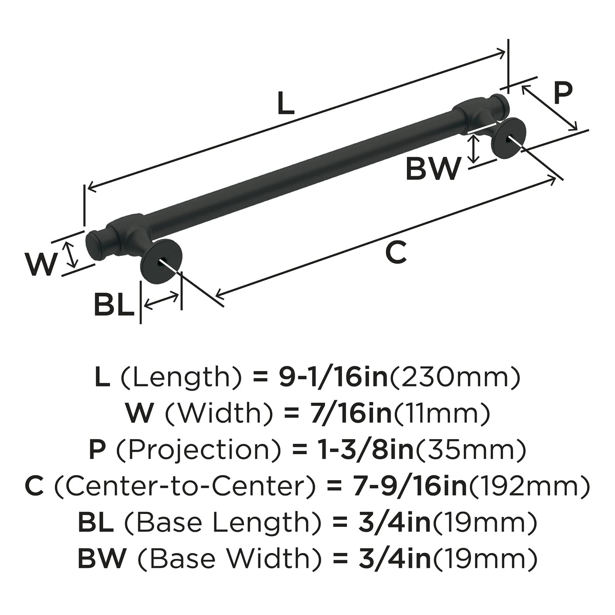 Amerock Cabinet Pull Matte Black 7-9/16 inch (192 mm) Center-to-Center Winsome 1 Pack Drawer Pull Cabinet Handle Cabinet Hardware