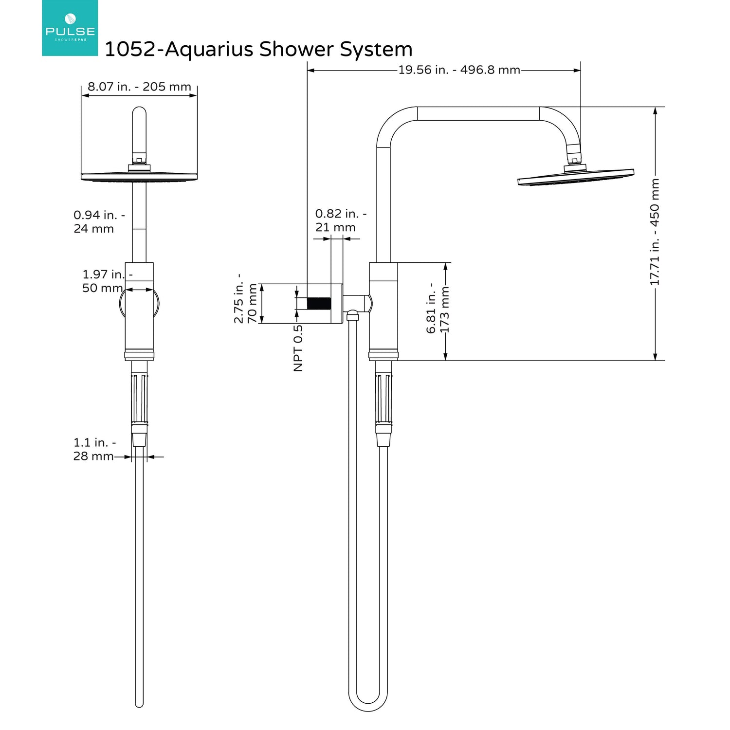 PULSE ShowerSpas 1052-CH Aquarius Shower System with 8" Rain Showerhead and Magnetic Attached Hand Shower with On/Off, Polished Chrome