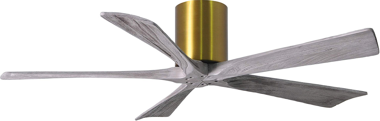 Matthews Fan IR5H-BRBR-BW-52 Irene-5H five-blade flush mount paddle fan in Brushed Brass finish with 52” solid barn wood tone blades. 