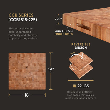 John Boos CCB1818-225 Small Maple Wood Cutting Board for Kitchen 18 x Inches, 2.25 Inches Thick Reversible End Grain Charcuterie Block with Finger Grips 18X18X2.25 MPL-END GR-REV-GRIPS