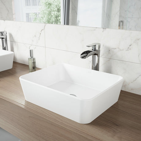 VIGO Marigold 17.75 inch L x 14.375 inch W Over the Counter Freestanding Matte Stone Rectangular Vessel Bathroom Sink in Matte White - Sink for Bathroom VG04003