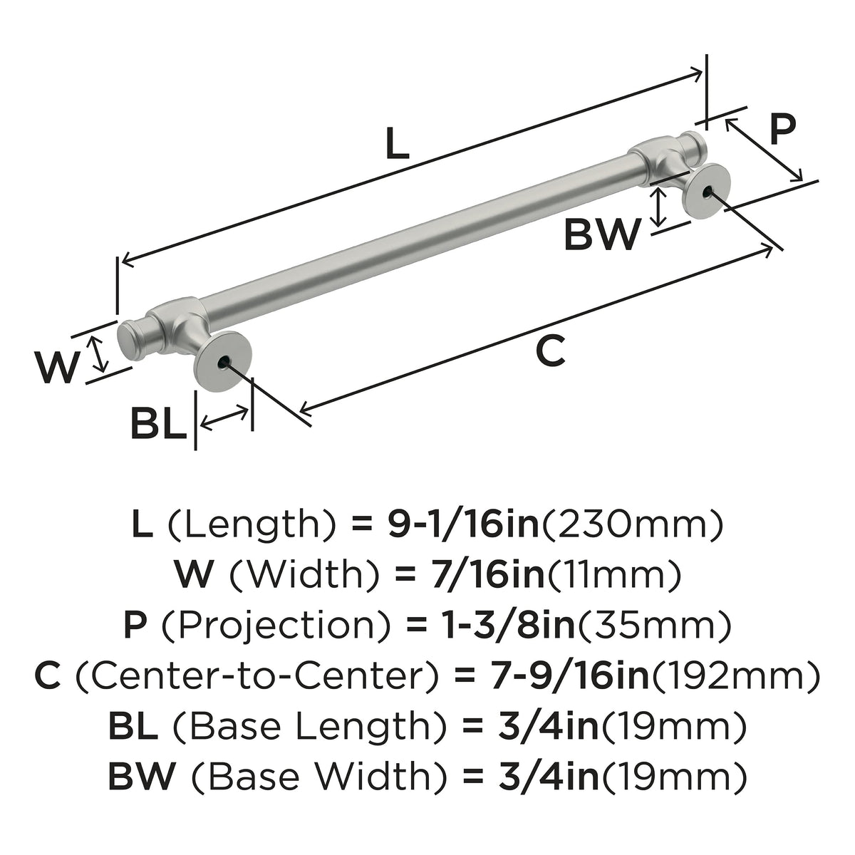 Amerock Cabinet Pull Satin Nickel 7-9/16 inch (192 mm) Center-to-Center Winsome 1 Pack Drawer Pull Cabinet Handle Cabinet Hardware