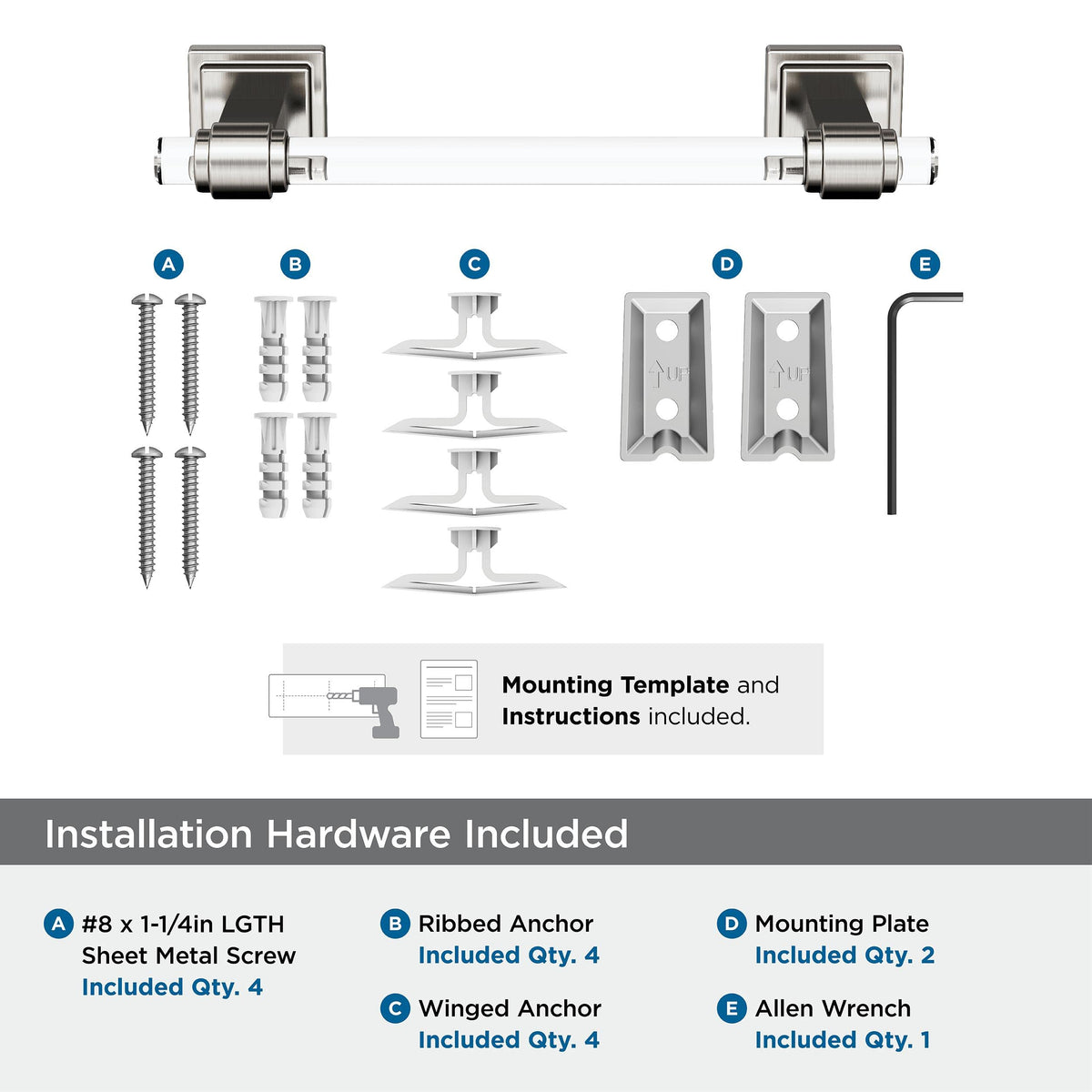Amerock BH36065CG10 Clear/Brushed Nickel Towel Bar 8 in. (203 mm) Towel Rack Glacio Bathroom Towel Holder Bathroom Hardware Bath Accessories