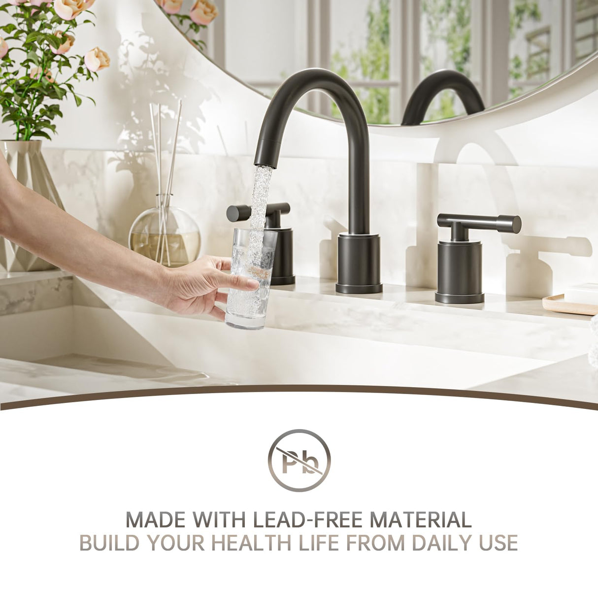 8-Inch Three-Hole Bathroom Faucet with Pull-Down Sprayer, Widespread Design, Metal Pop-Up Drain, Water Supply Lines, and Two Handles