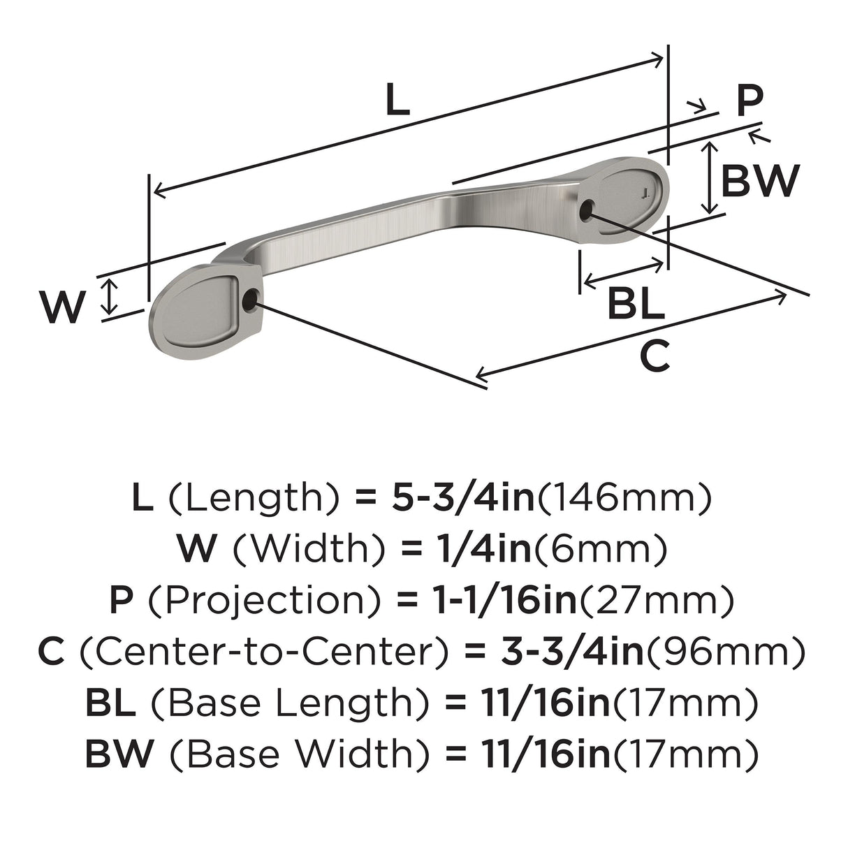 Amerock BP21936G10 Satin Nickel Cabinet Pull 3-3/4 inch (96mm) Center-to-Center Cabinet Hardware Ravino Furniture Hardware Drawer Pull