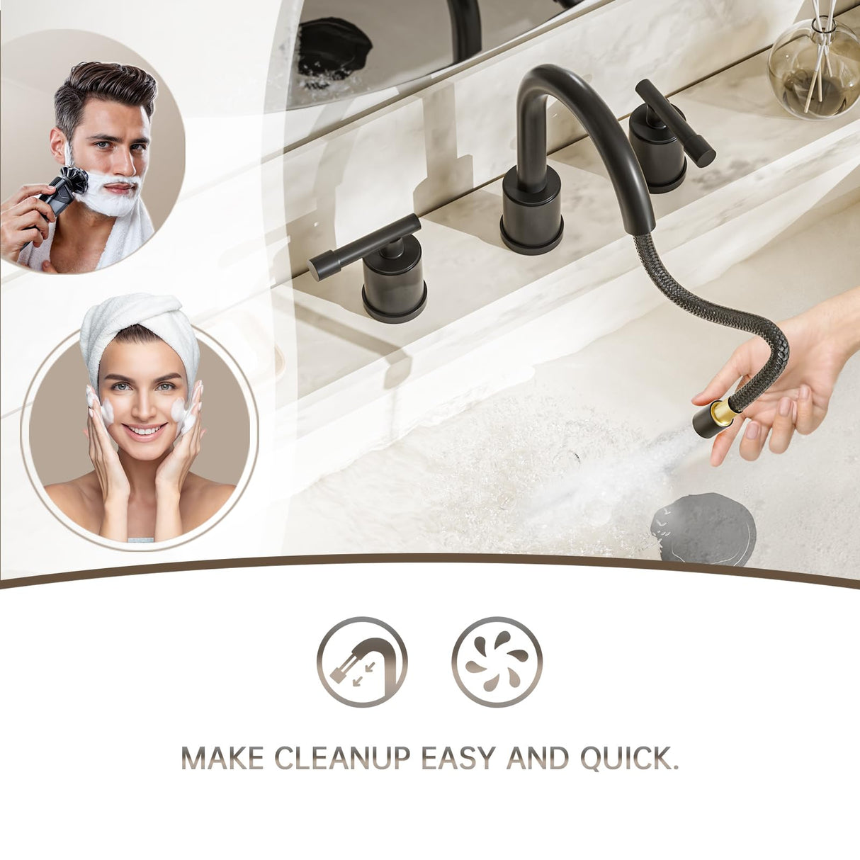 8-Inch Three-Hole Bathroom Faucet with Pull-Down Sprayer, Widespread Design, Metal Pop-Up Drain, Water Supply Lines, and Two Handles