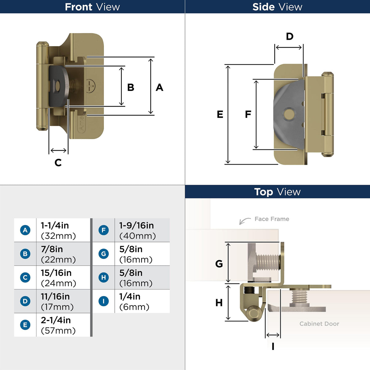 Amerock BPR8701BBZ Cabinet Hinge 1/4 in (6 mm) Overlay Double Demountable Golden Champagne Kitchen Cabinet Door Hinge 1 Pair/2 Pack Functional Hardware