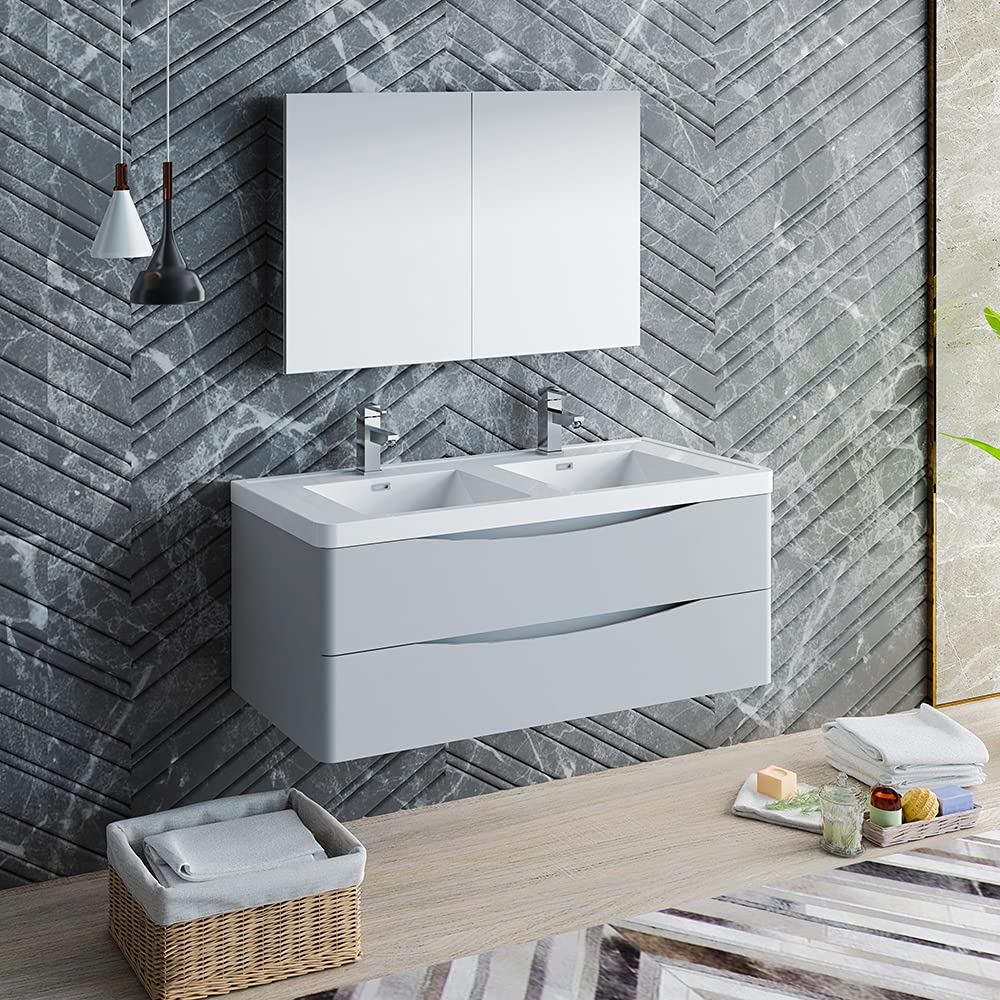 Fresca FVN9048GRG-D Fresca Tuscany 48" Glossy Gray Wall Hung Double Sink Modern Bathroom Vanity w/ Medicine Cabinet