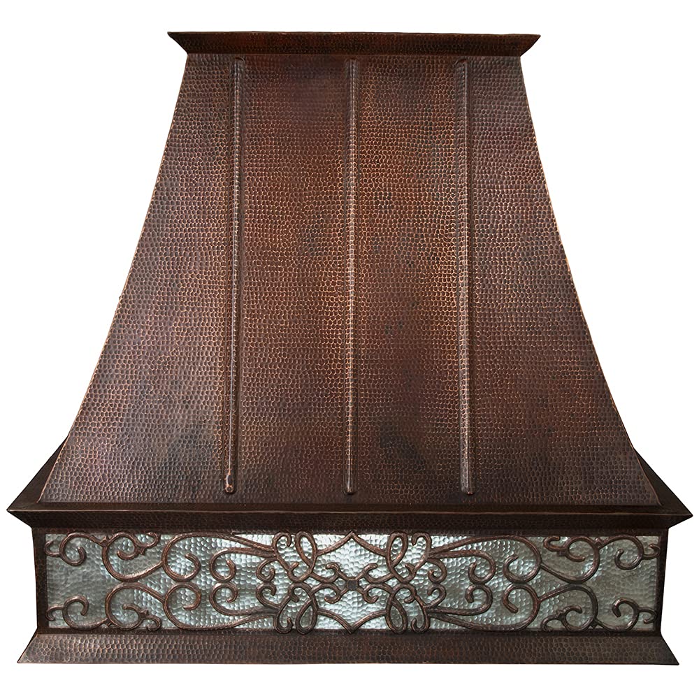 38 Inch 735 CFM Hammered Copper Wall Mounted Euro Range Hood with Nickel Background Scroll Design and Slim Baffle Filters