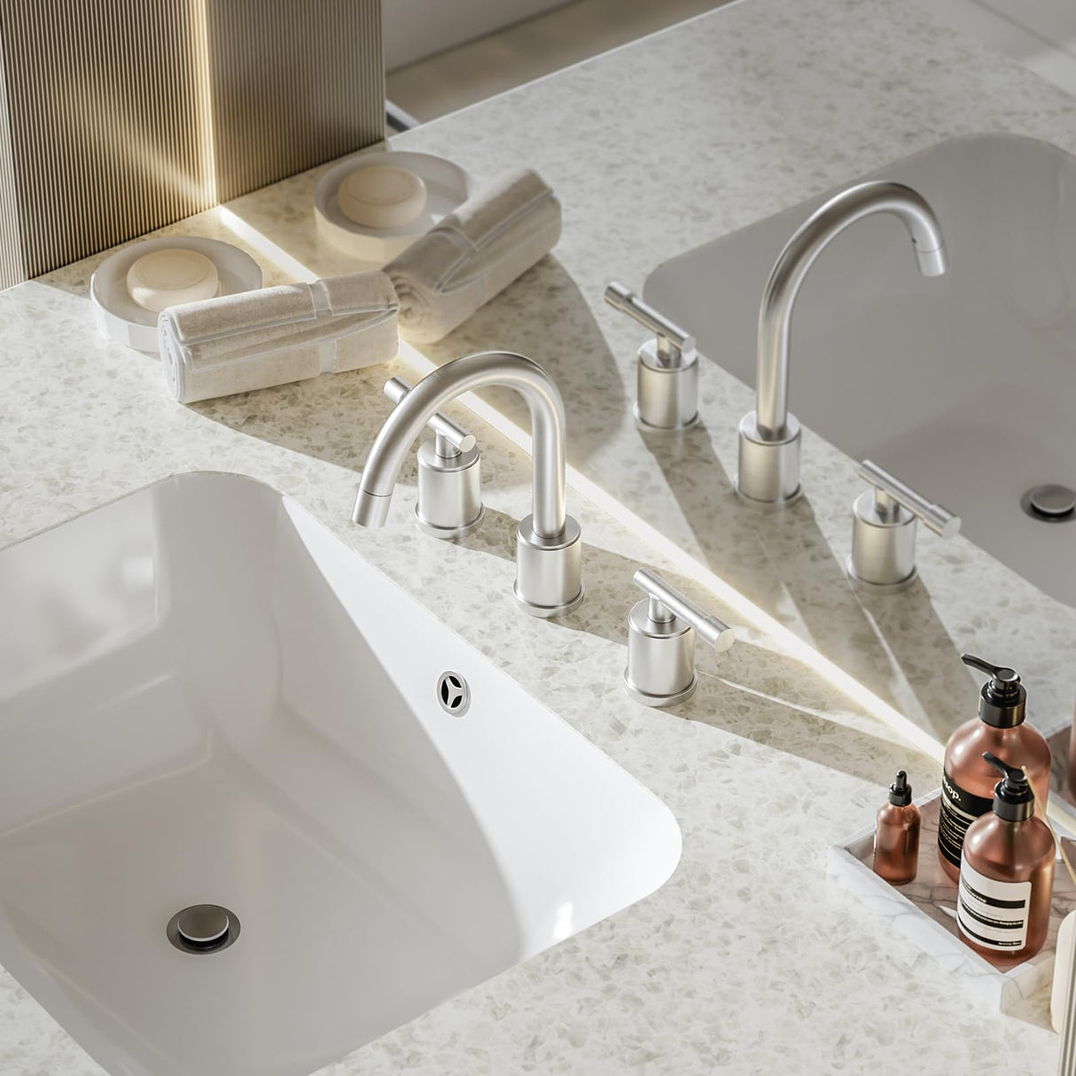 8-Inch Three-Hole Bathroom Faucet with Pull-Down Sprayer, Widespread Design, Metal Pop-Up Drain, Water Supply Lines, and Two Handles