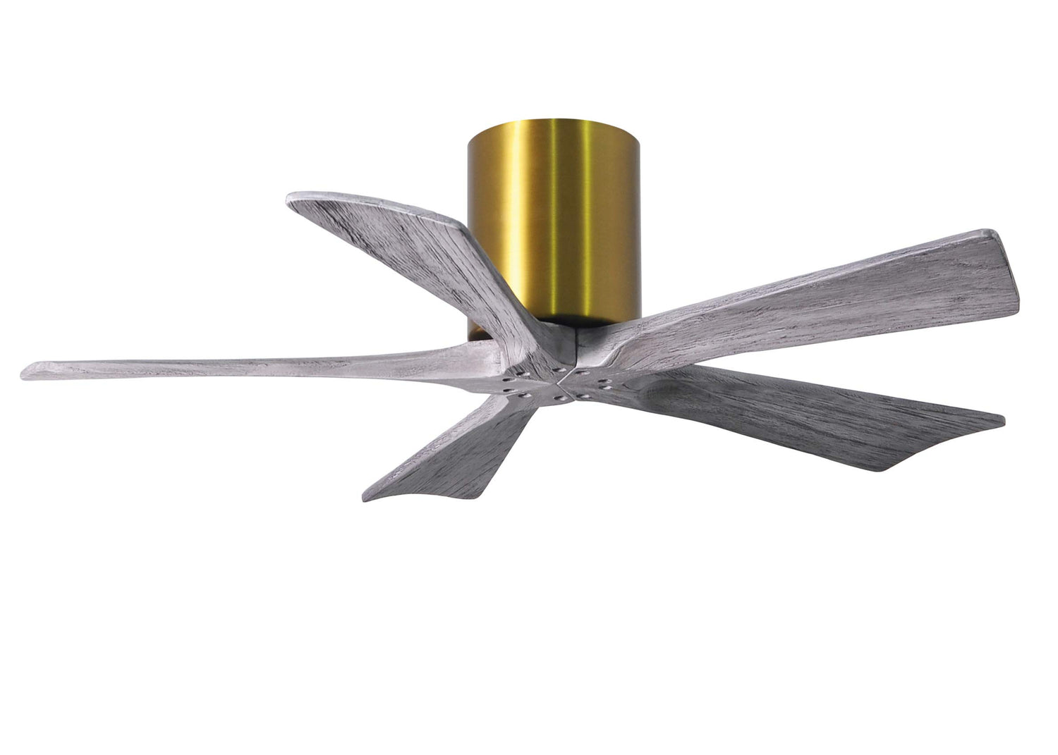 Matthews Fan IR5H-BRBR-BW-42 Irene-5H five-blade flush mount paddle fan in Brushed Brass finish with 42” solid barn wood tone blades.