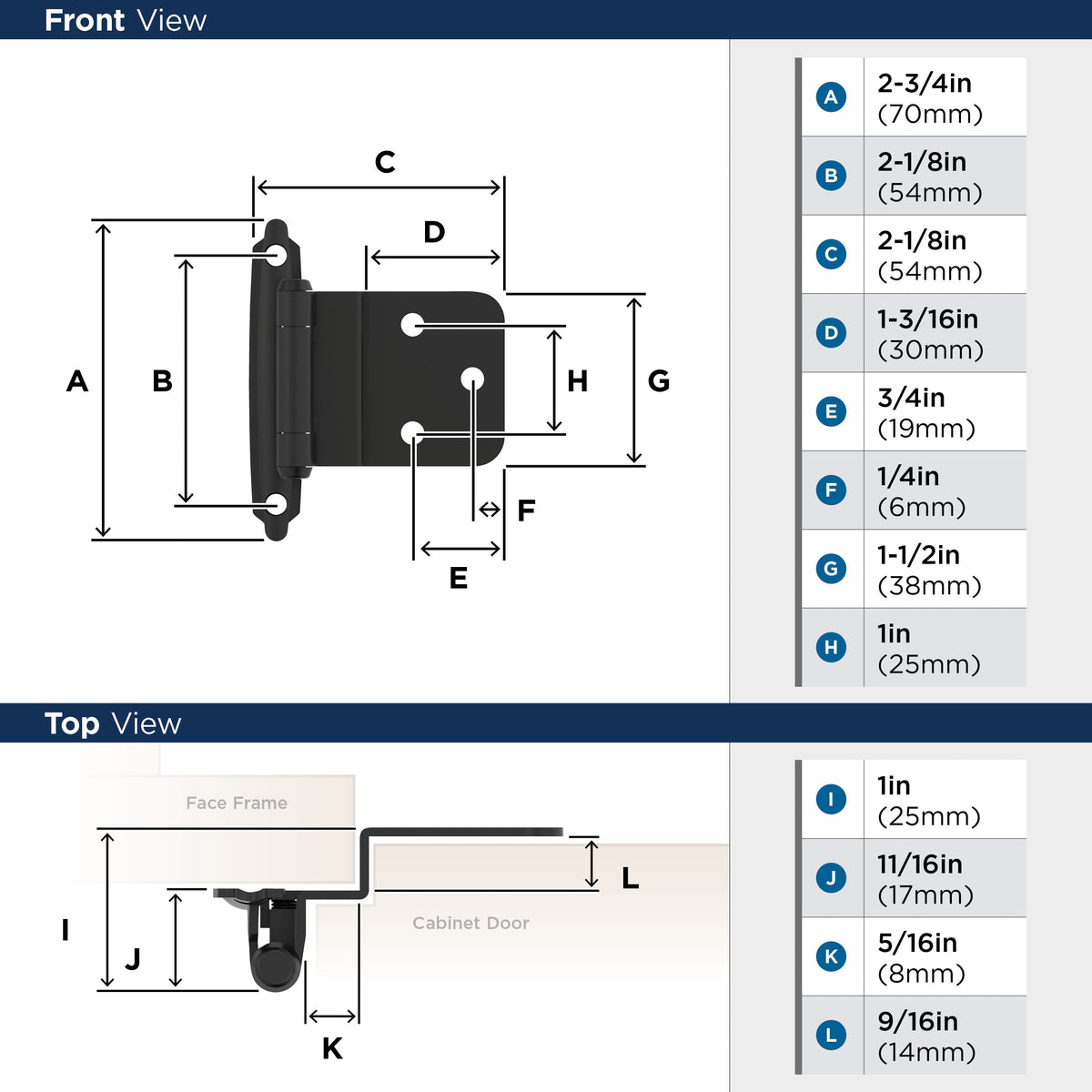 Amerock Cabinet Hinge 3/8 inch (10 mm) Inset Hinge with Variable Overlay Matte Black 2 Pack Self-Closing Hinge Face Mount Hinge Cabinet Door Hinge