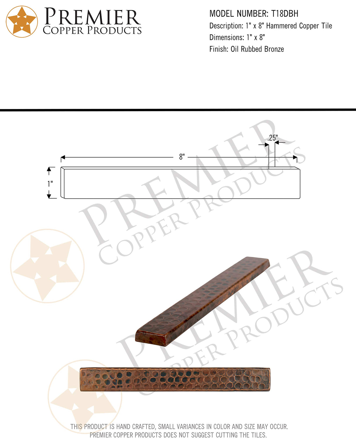 Premier Copper Products T18DBH 1-Inch x 8-Inch Hammered Copper Tile