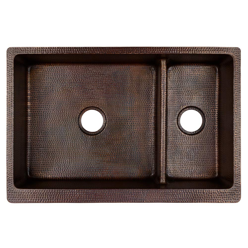 Premier Copper Products KA70DB33229-SD5 33-Inch Hammered Copper Kitchen Apron 70/30 Double Basin Sink with Short 5-Inch Divider…