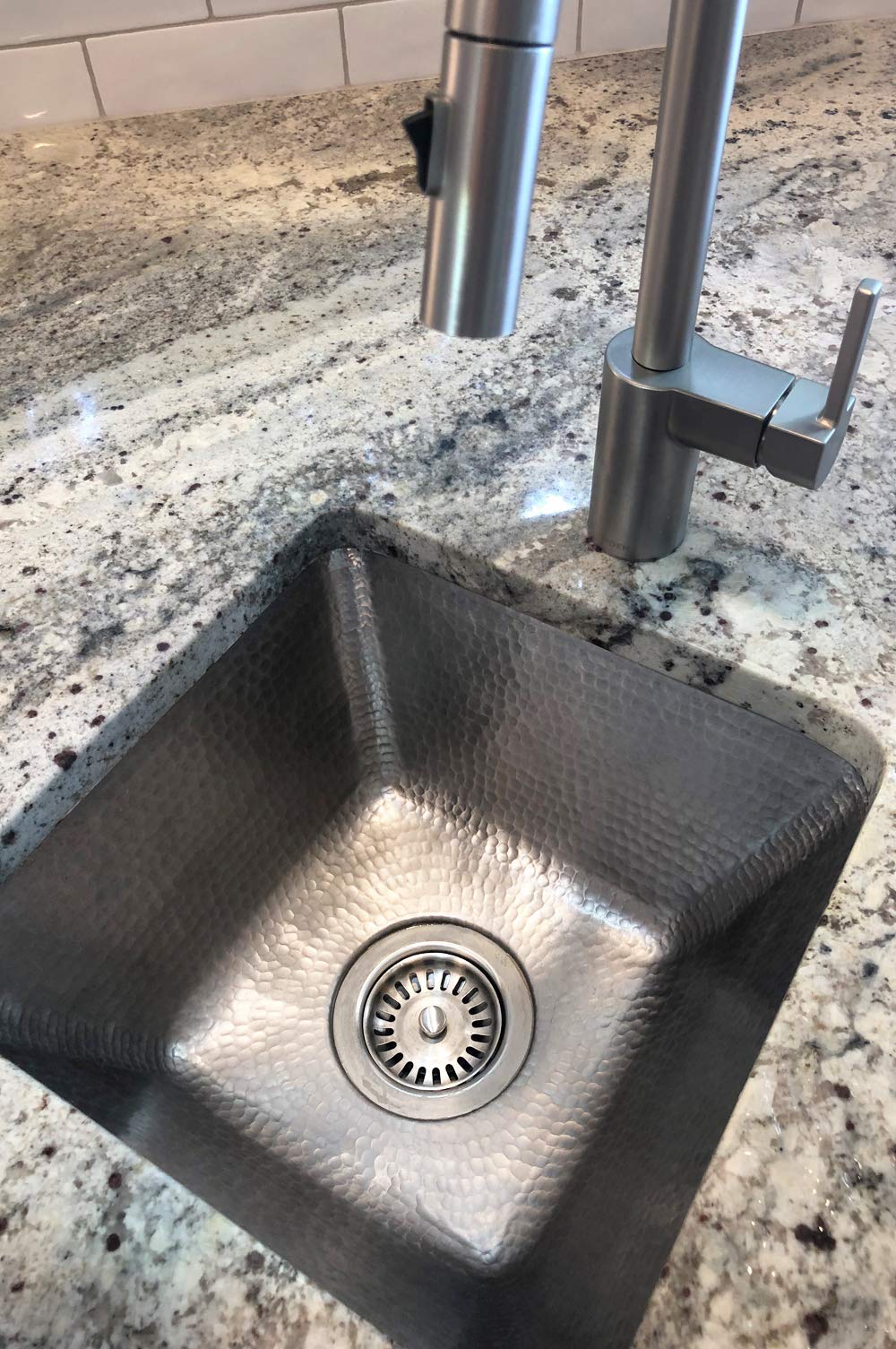 Premier Copper Products BS15EN3 15-Inch Square Hammered Copper Bar/Prep Sink in Nickel with 3.5-Inch Drain Size