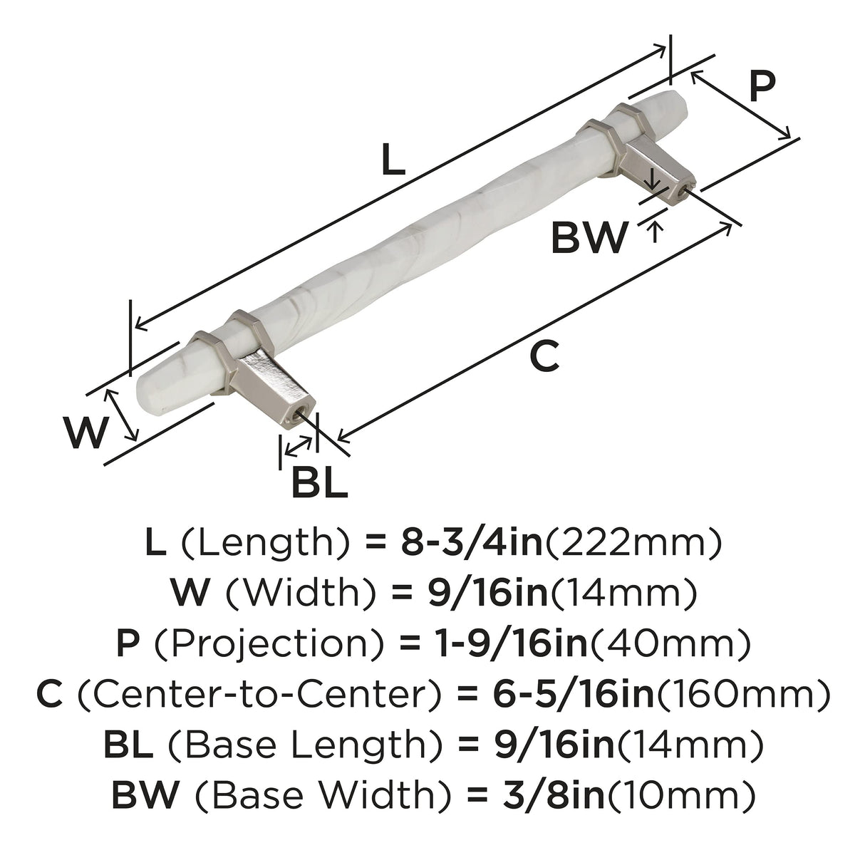 Amerock Cabinet Pull Marble White/Polished Nickel 6-5/16 inch (160 mm) Center to Center Carrione 1 Pack Drawer Pull Drawer Handle Cabinet Hardware
