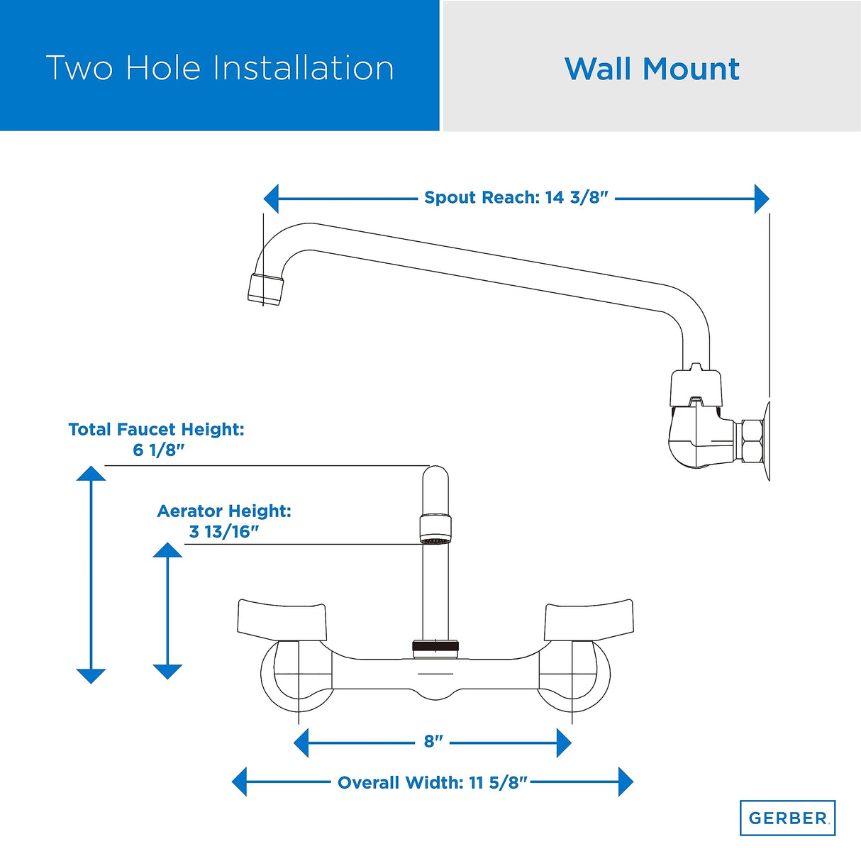 Gerber G0042630 Chrome Classics Two Handle Wall Mount Kitchen Faucet W/ 12" ...