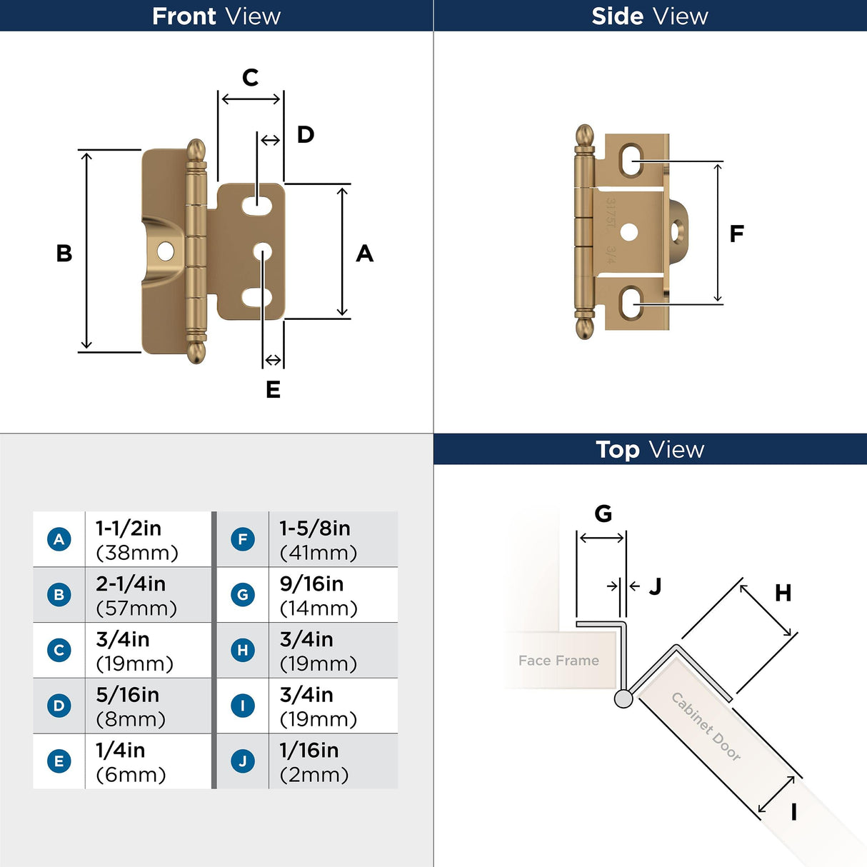 Amerock PK3175TBCZ Cabinet Hinge 3/4 in. (19 mm) Door Thickness Full Inset Full Wrap Ball Tip Champagne Bronze Kitchen Cabinet Door Hinge Single Hinge Functional Hardware