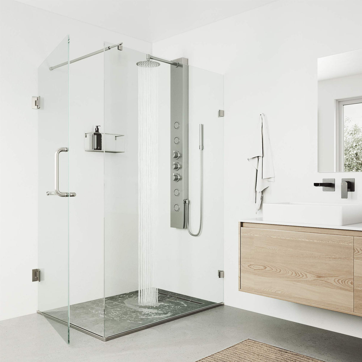 VIGO 20" W x 59" H Ellington 4-Jet Stainless Steel Shower Panel, Thermostatic, Volume, Dual Function Control Type and Handheld Showerhead - VG08013ST