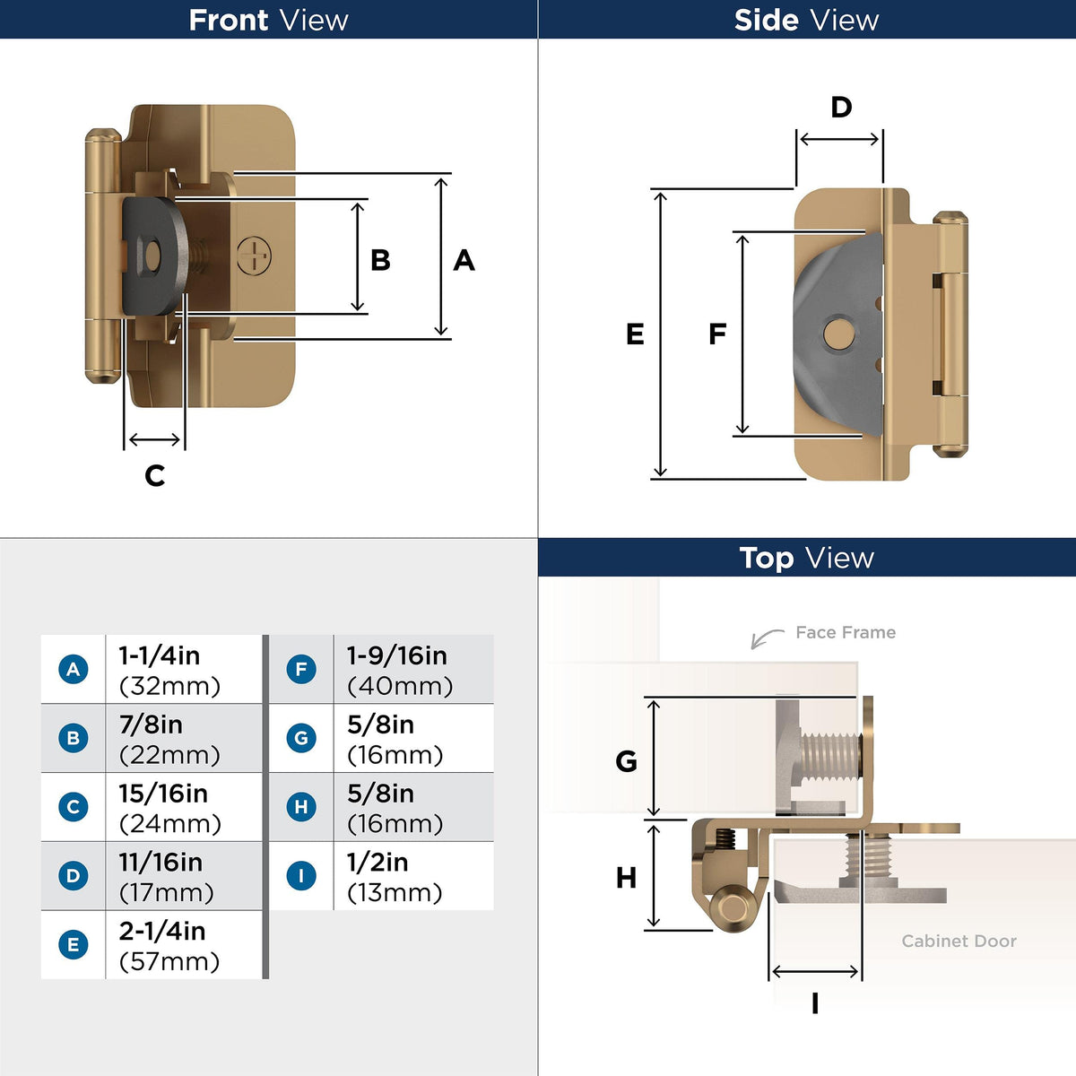 Amerock BPR8704CZ Cabinet Hinge 1/2 in (13 mm) Overlay Double Demountable Champagne Bronze Kitchen Cabinet Door Hinge 1 Pair/2 Pack Functional Hardware
