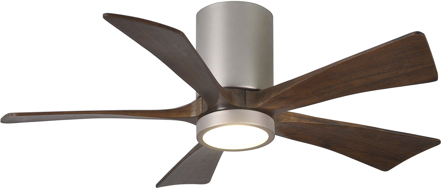 Matthews Fan IR5HLK-BN-WA-42 IR5HLK five-blade flush mount paddle fan in Brushed Nickel finish with 42” solid walnut tone blades and integrated LED light kit.