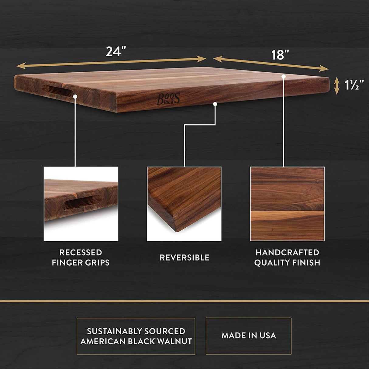 John Boos WAL-R02 Walnut Wood Cutting Board for Kitchen Prep, 1.5 Inch Thick, Large Edge Grain Rectangular Reversible Charcuterie Block, 24" x 18" 1.5" 24X18X1.5 WAL-EDGE GR-REV-