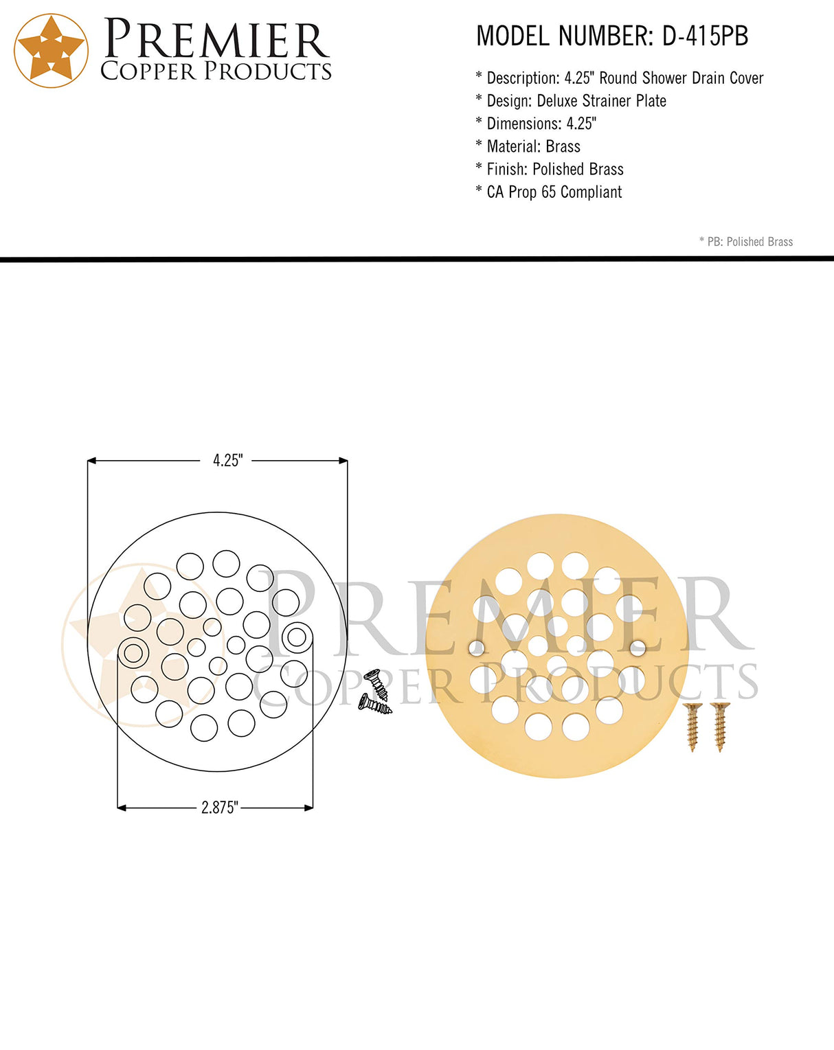 Premier Copper Products D-415PB 4.25-Inch Round Shower Drain Cover in Polished Brass