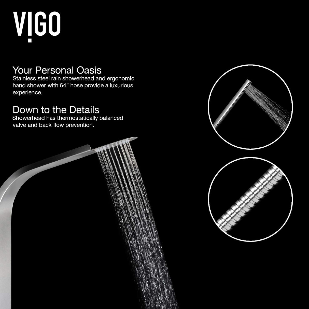 VIGO VG08005 Brielle 2.75" -6.38" W -70.5" H Shower Massage Panel 6 -Jet High Pressure Shower System with Thermostatic, Volume, Dual Function Control Type, Brass Hardware in Stainless Steel Finish