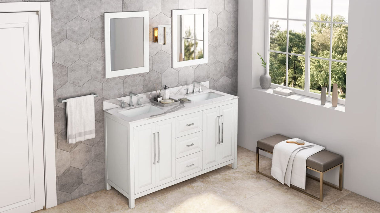 Jeffrey Alexander VKITCAD60WHSGR 60" White Cade Vanity, double bowl, Steel Grey Cultured Marble Vanity Top, undermount rectangle bowl