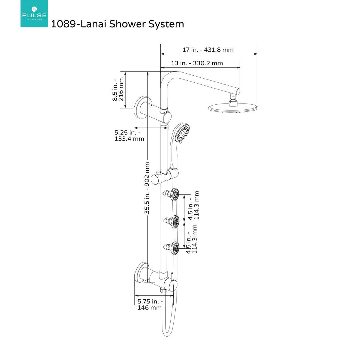 PULSE ShowerSpas 1089-BN Lanai Shower System, 8" Rain Showerhead, 5-Function Hand Shower, 3 Body Spray Jets, Adjustable Slide Bar, Brushed Nickel