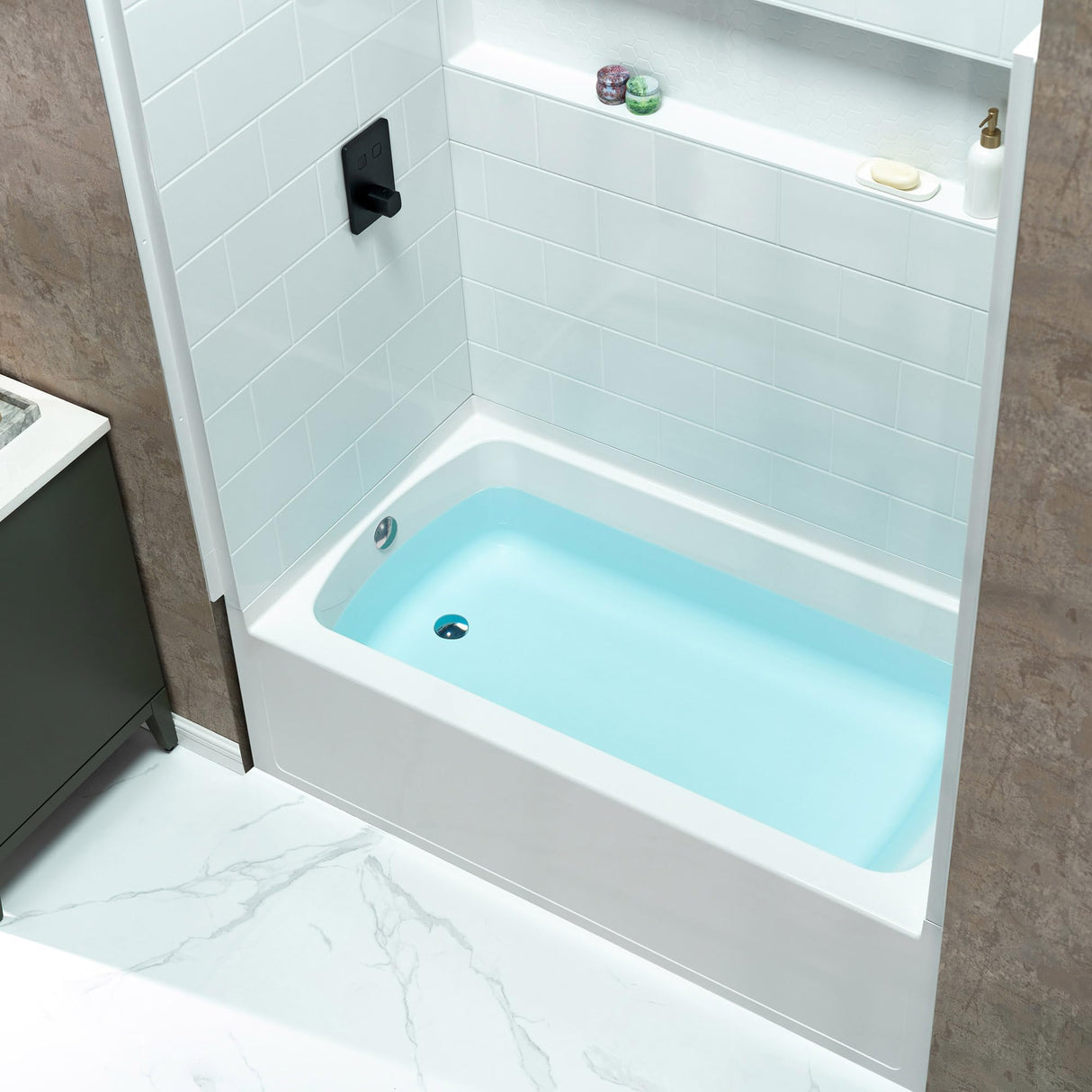 New England Home Goods 60” x 32” Four-Piece Direct-to-Stud Alcove Tub Surround with Left-Drain Hole Soaking Bathtub Combo in White