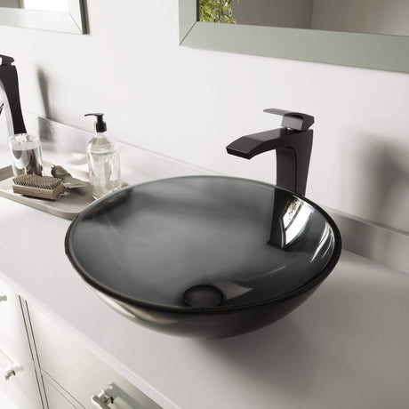 VIGO VGT461 16.5" L -16.5" W -11.63" H Handmade Countertop Glass Round Vessel Bathroom Sink Set in Sheer Black Finish with Matte Black Single-Handle Waterfall Single Hole Faucet and Pop Up Drain
