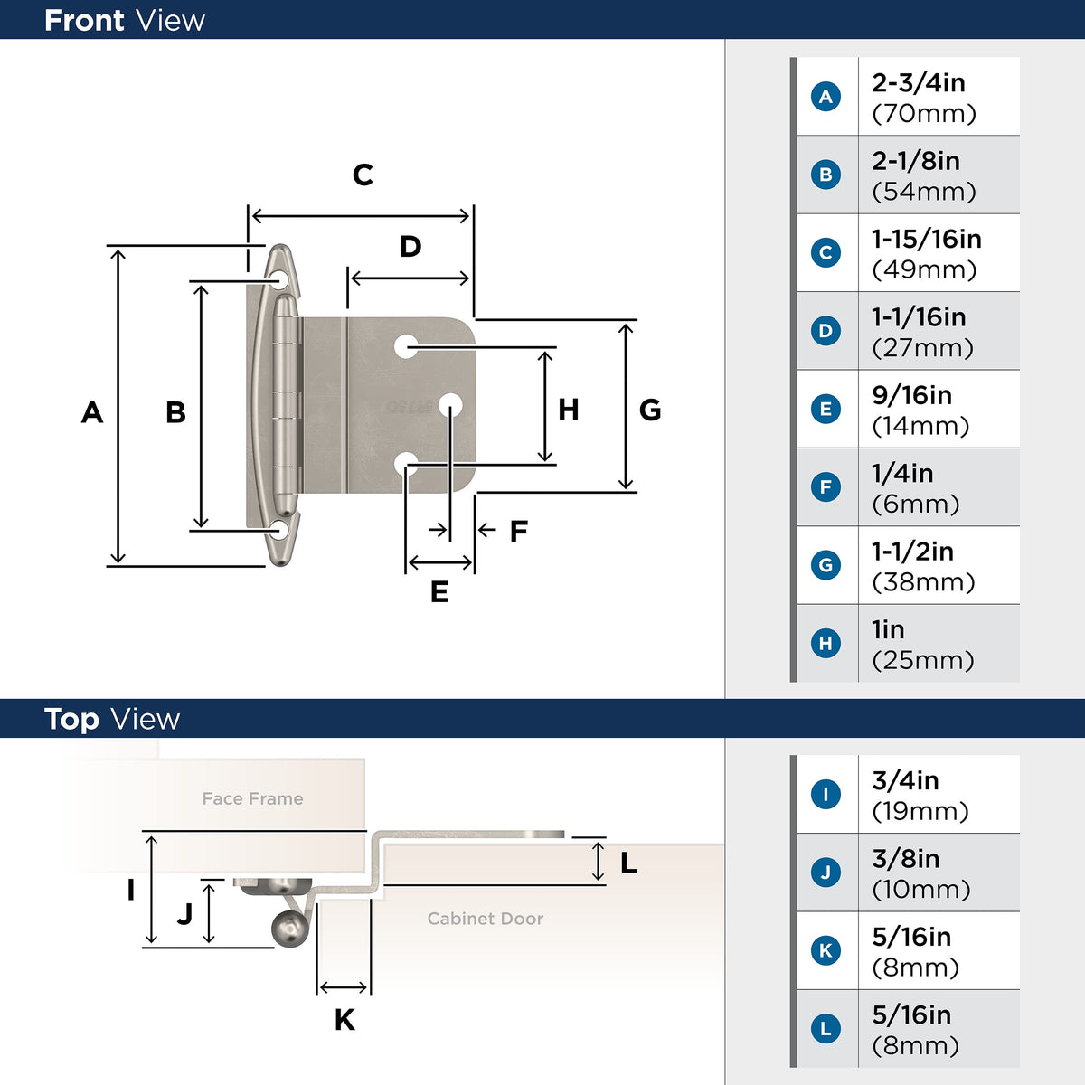 Amerock Cabinet Hinge 3/8 inch (10 mm) Inset Hinge Satin Nickel 2 Pack Non Self-Closing Hinge Face Mount Hinge Cabinet Door Hinge, 2.75 x 2 x 0.69 inches