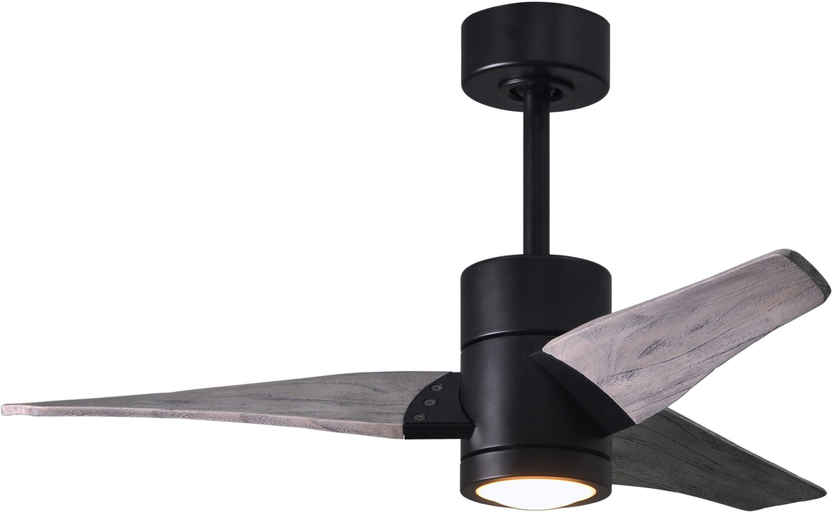 Matthews Fan SJ-BK-BW-42 Super Janet three-blade ceiling fan in Matte Black finish with 42” solid barn wood tone blades and dimmable LED light kit 