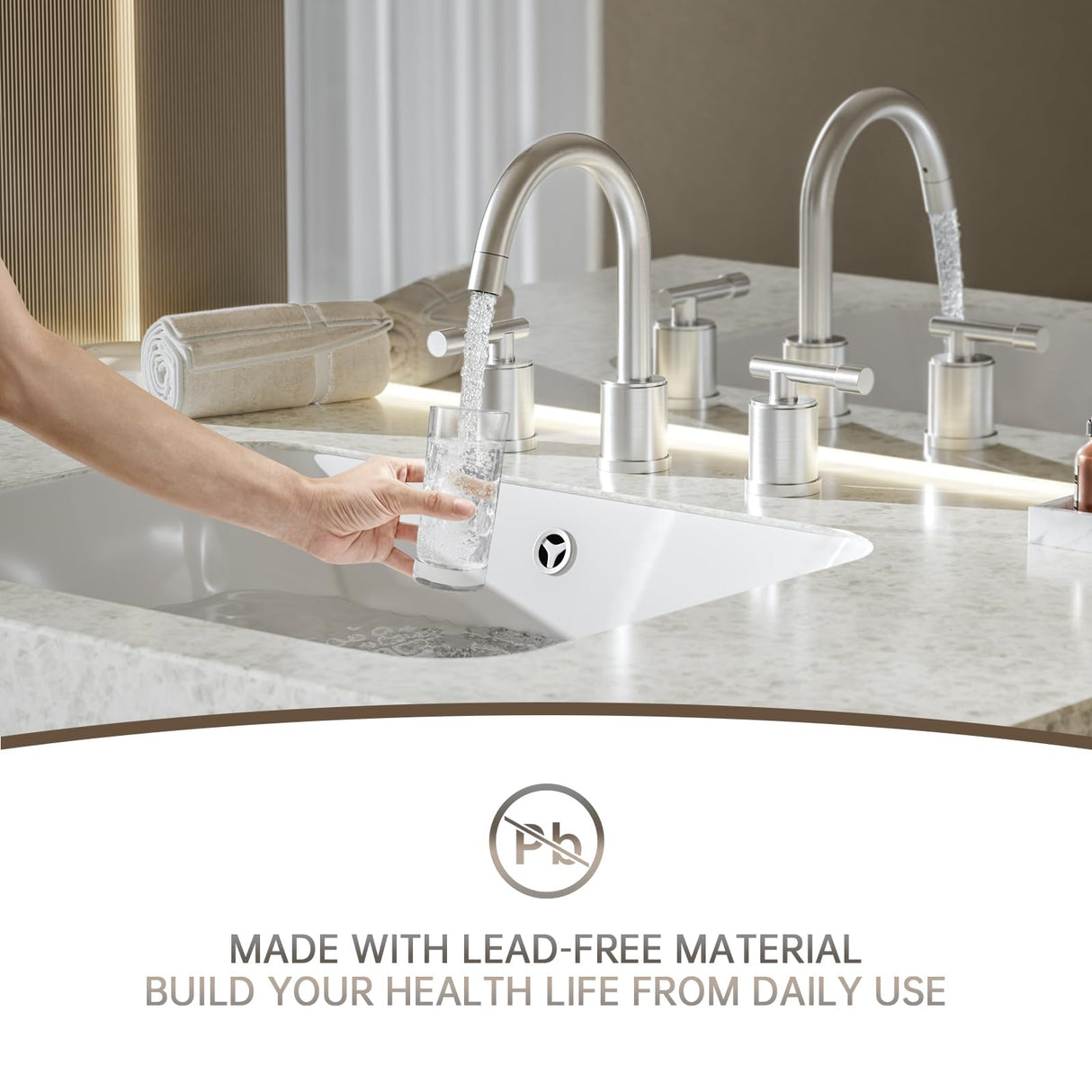 8-Inch Three-Hole Bathroom Faucet with Pull-Down Sprayer, Widespread Design, Metal Pop-Up Drain, Water Supply Lines, and Two Handles
