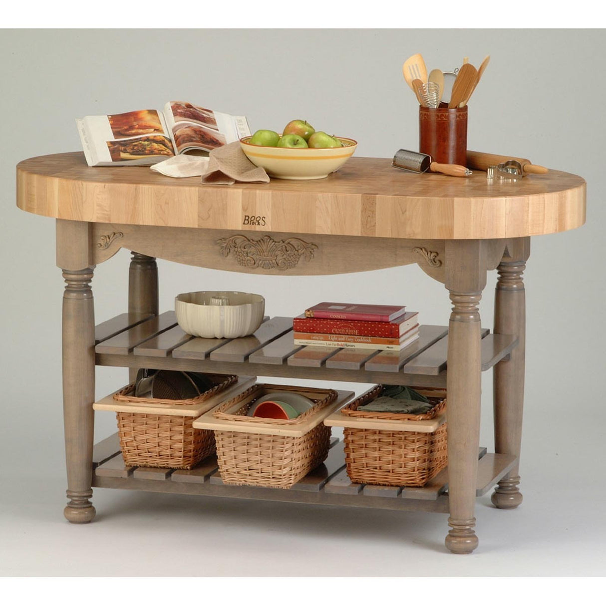 John Boos CU-HAR60-N American Heritage Natural End Grain Maple Harvest Table with 2 Shelves