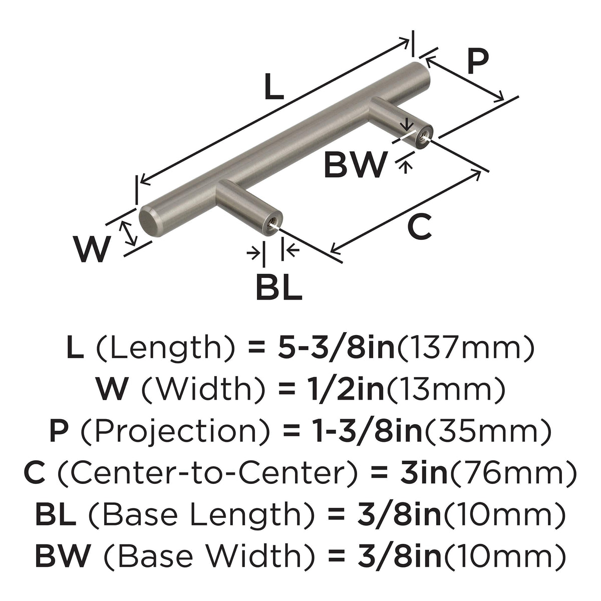 Amerock Cabinet Pull Sterling Nickel 3 inch (76 mm) Center to Center Bar Pulls 1 Pack Drawer Pull Drawer Handle Cabinet Hardware