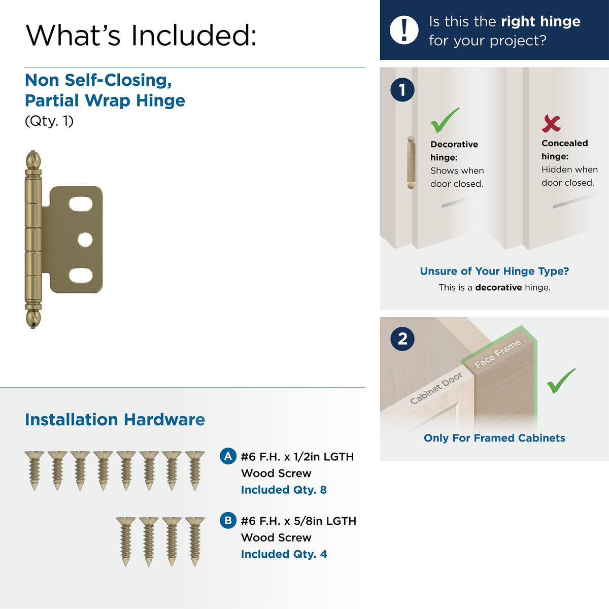 Amerock PK3180TBBBZ Cabinet Hinge 3/4 in. (19 mm) Door Thickness Full Inset Partial Wrap Ball Tip Golden Champagne Kitchen Cabinet Door Hinge Single Hinge Functional Hardware