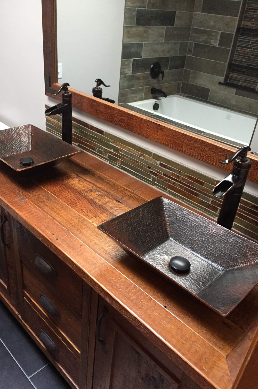 Premier Copper Products PVMRECDB 17-Inch Modern Rectangle Hand Forged Old World Copper Vessel Sink