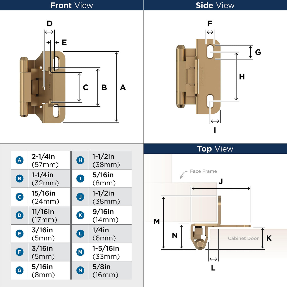 Amerock BPR7566CZ Cabinet Hinge 1/4 in (6 mm) Overlay Self Closing Partial Wrap Champagne Bronze Kitchen Cabinet Door Hinge 1 Pair/2 Pack Functional Hardware