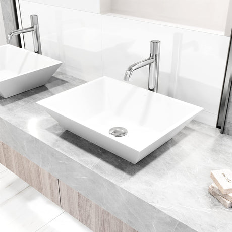 VIGO VGT2050 13.75" L -18.0" W -4.63" H Matte Stone Vinca Composite Rectangular Vessel Bathroom Sink in White with Apollo Faucet and Pop-Up Drain in Chrome