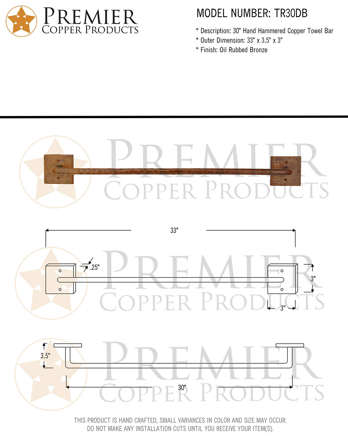 Premier Copper Products TR30DB 30-Inch Hand Hammered Copper Towel Bar, Oil Rubbed Bronze