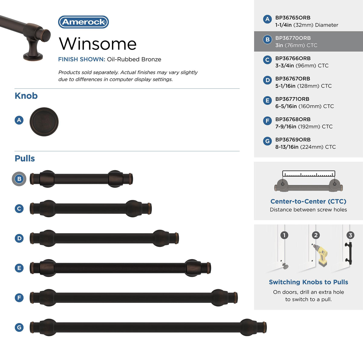 Amerock BP36770ORB Oil Rubbed Bronze Cabinet Pull 3 in (76 mm) Center-to-Center Cabinet Handle Winsome Drawer Pull Kitchen Cabinet Handle Furniture Hardware
