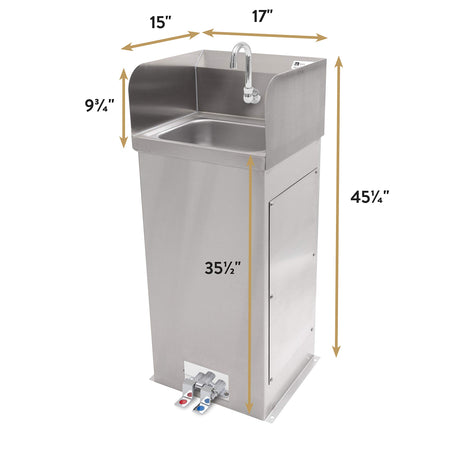 John Boos PBHS-F-1410-SSLR Hands-Free Pedestal Hand Washing Sink 14" W x 10" Front to Back 5" Deep Bowl, with Side Splashes, 1 Centered Splash Mount Faucet Hole, Goose Neck Spout and Foot Valves