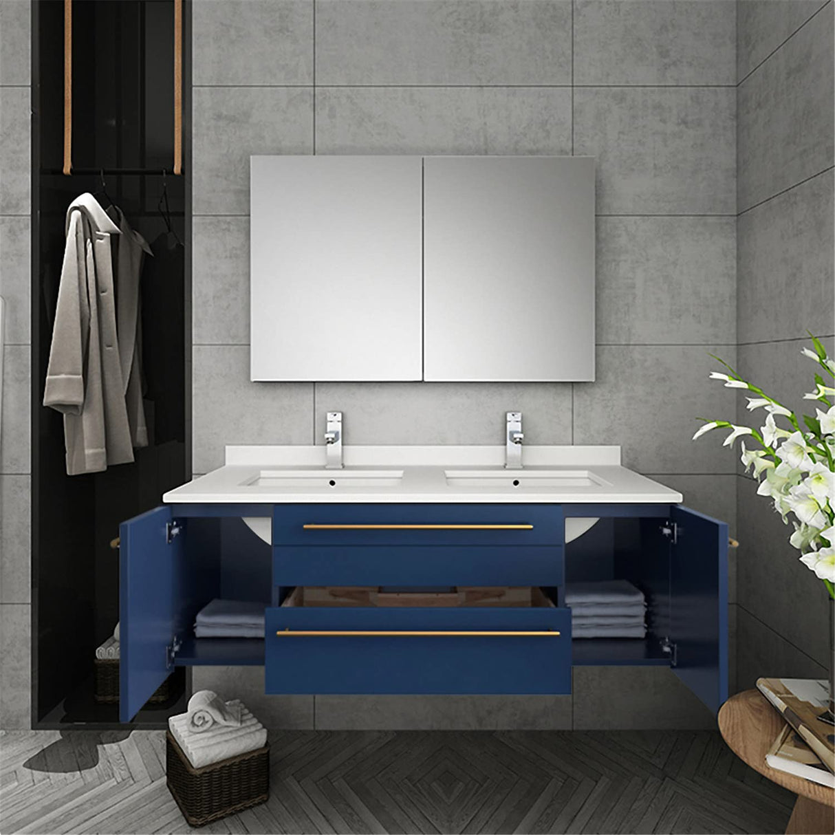 Fresca FVN6148RBL-UNS-D Fresca Lucera 48" Royal Blue Wall Hung Double Undermount Sink Modern Bathroom Vanity w/ Medicine Cabinet