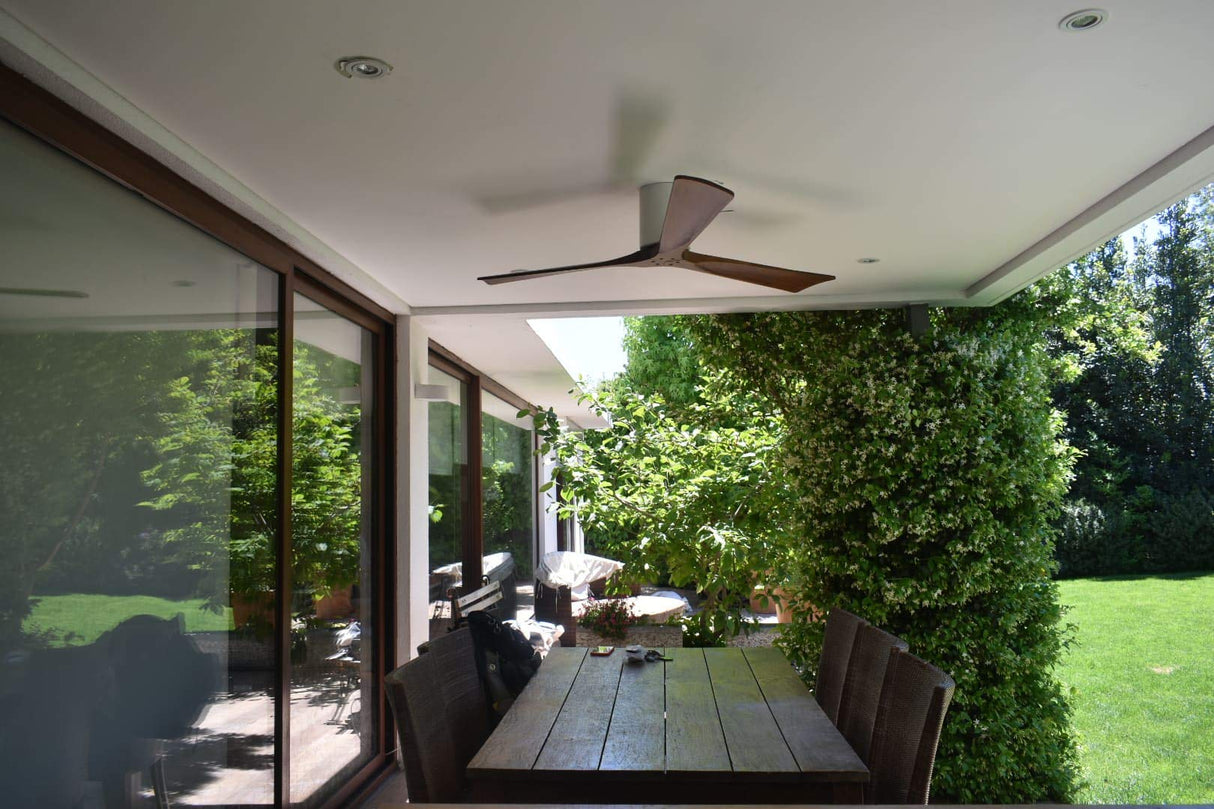 Matthews Fan IR3H-BW-BK-52 Irene-3H three-blade flush mount paddle fan in Barn Wood finish with 52” solid matte black wood blades.