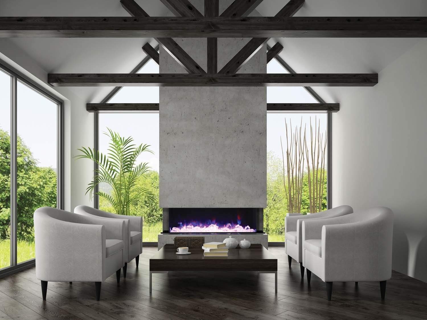 Amantii 72-TRV-SLIM Trv View Slim Smart Electric - 72" Indoor / Outdoor WiFi Enabled 3 Sided Fireplace Featuring a depth of 10 5/8", MultiFunction Remote Control, Multi Speed Flame Motor, and a 10 piece Birch Log Set
